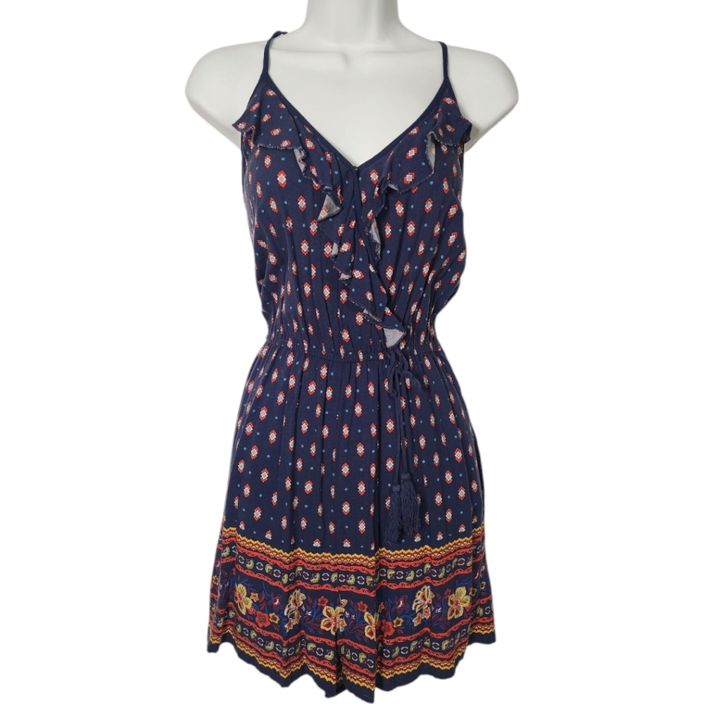 Xhilaration Womens Medium Bohemian Spaghetti Strap Ruffle Aztec Romper Blue